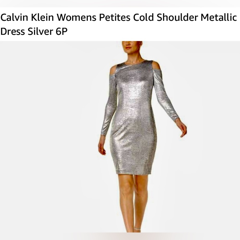 NWT Calvin Klein Petite Cold Shoulder Silver Metallic Dress
